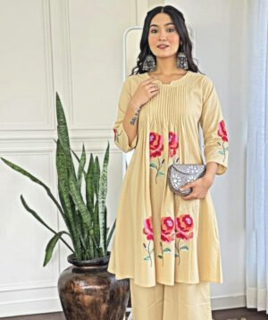 Kurta With Mirror Work And Beautiful Embroidery All Over,Paired Up With Cotton Plazzo Pants