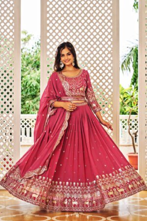 Luxurious embroidered georgette lehenga set with dupatta — perfect for festive glamour.