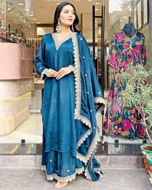 Pure Chinnon Silk Embroidered Gown With Dupatta & Plazzo Set